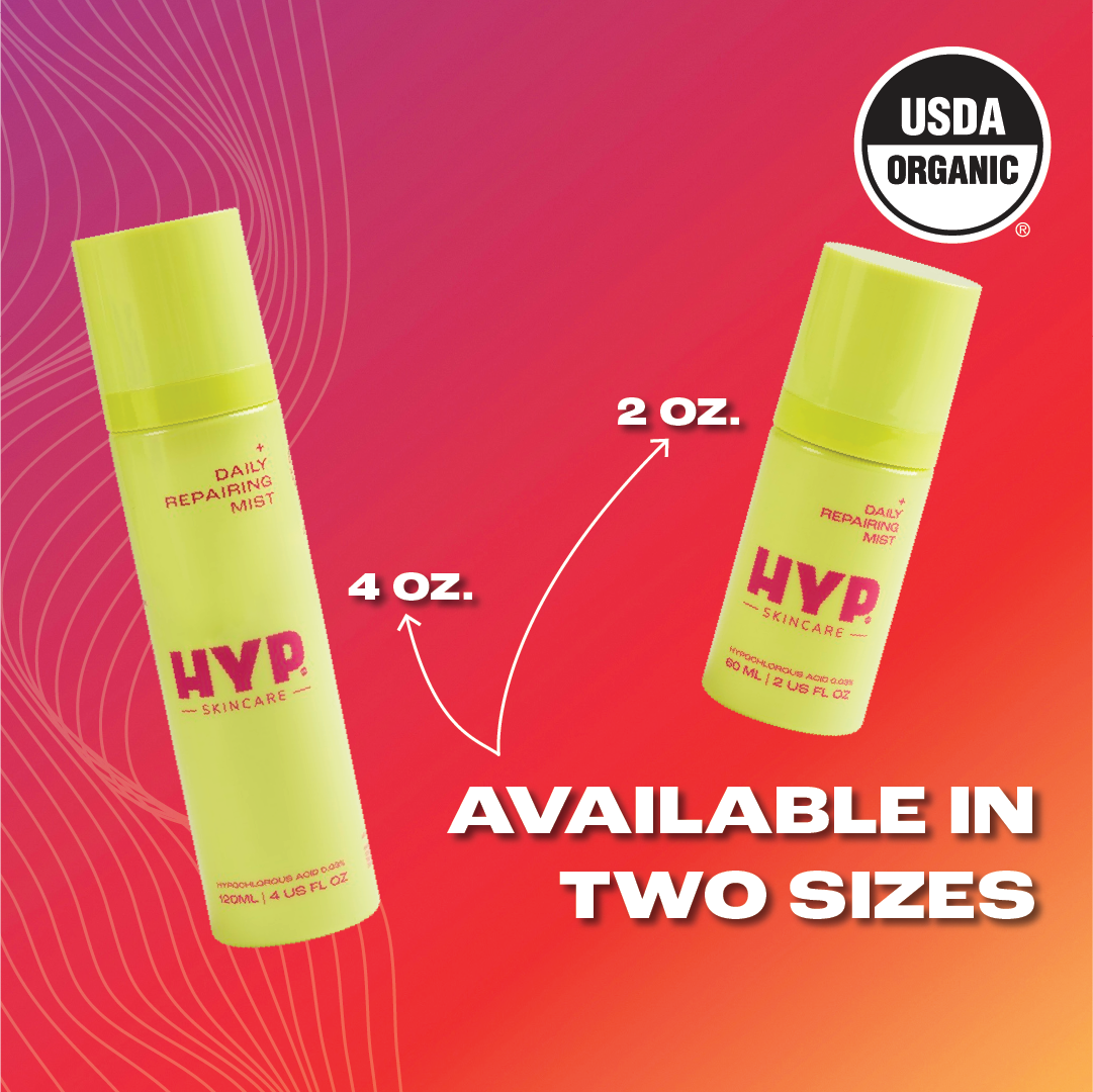 Image featuring two bottles of 'HYP Daily Repairing Mist' against a gradient background transitioning from red to orange. The larger bottle on the left is annotated with '4 OZ.' and the smaller bottle on the right with '2 OZ.' An arrow points to each bottle from the bold white text at the bottom that reads 'AVAILABLE IN TWO SIZES.' The 'USDA ORGANIC' seal is displayed in the upper right corner of the image, signifying the product's organic certification.