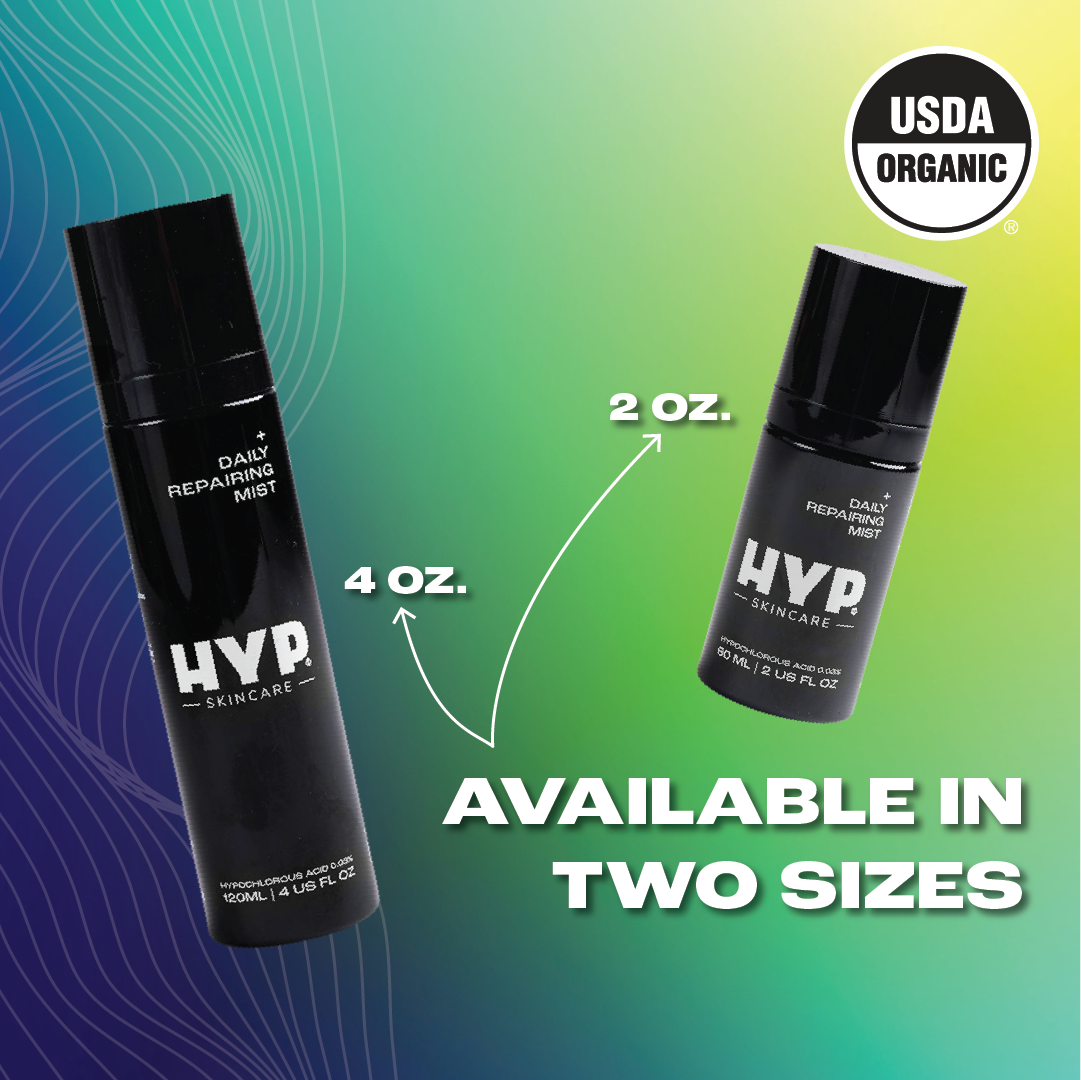 Promotional image featuring two bottles of 'HYP Daily Repairing Mist' against a gradient background transitioning from blue to green. The larger bottle on the left is annotated with '4 OZ.' and the smaller bottle on the right with '2 OZ.' An arrow points to each bottle from the bold white text at the bottom that reads 'AVAILABLE IN TWO SIZES.' The 'USDA ORGANIC' seal is displayed in the upper right corner of the image.